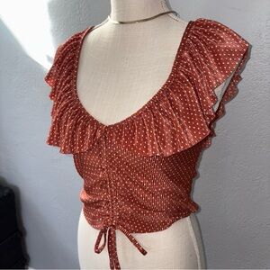 Zara Polka Dot Silky Terracotta Cropped Ruffle shirt sz small